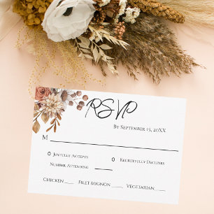 Boho Terracotta Bruin Bloemstuk Bruiloft RSVP Kaartje
