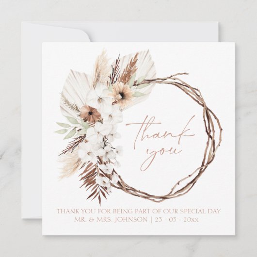 Boho Terracotta Bruin Gedroogde Bloemenkrans Bruil Bedankkaart (Voorkant)