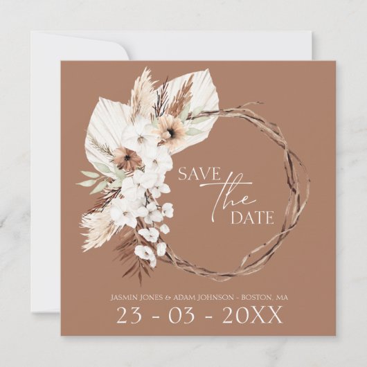 Boho Terracotta Bruin Gedroogde Bloemenkrans Bruil Save The Date (Voorkant)