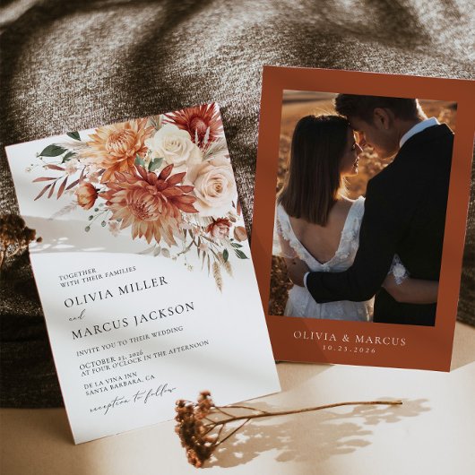 Boho Terracotta Dahlia Rose Faire-part de mariage