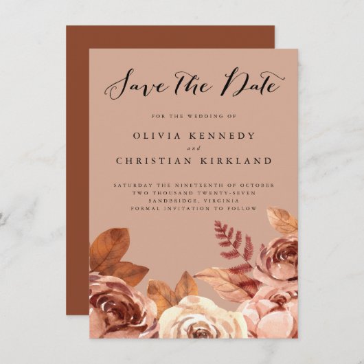 Boho Terracotta Earth Tone Botanical Save the Date Aankondiging (Voorkant / Achterkant)