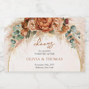 Boho Terracotta en bordeaux bloemen pampas gras Sparkling Wijnetiket