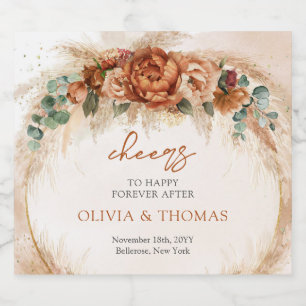 Boho Terracotta en bordeaux bloemen pampas gras Sparkling Wijnetiket