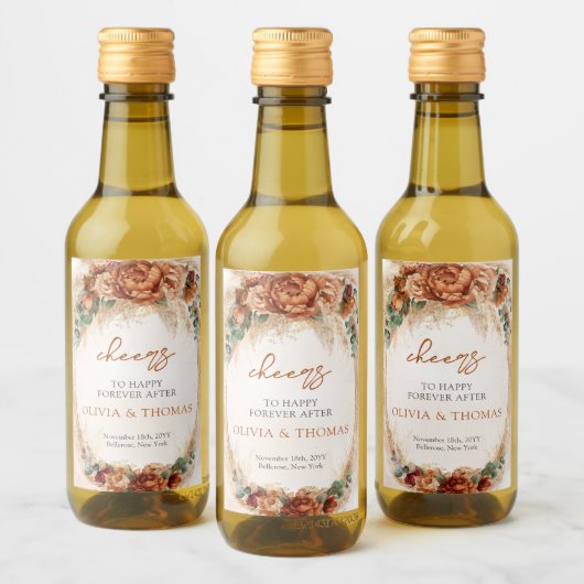 Boho Terracotta en bordeaux bloemen pampas gras Wijn Etiket (Flessen)