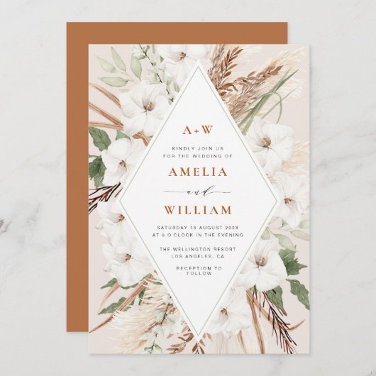 boho terracotta en pamdoorgras bruiloft kaart (Voorkant / Achterkant)