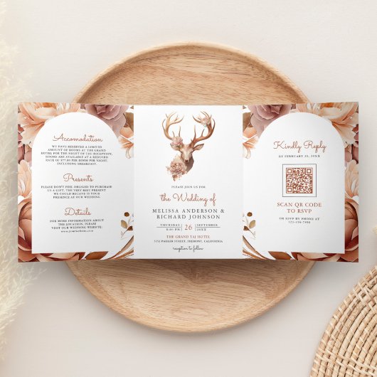 Boho Terracotta Floral Deer QR Code Weddenschap Drieluik Uitnodiging