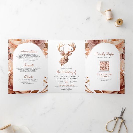 Boho Terracotta Floral Deer QR Code Weddenschap Drieluik Uitnodiging (Binnen)