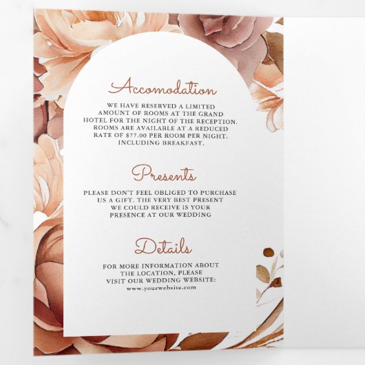 Boho Terracotta Floral Deer QR Code Weddenschap Drieluik Uitnodiging (Binnenzijde eerst)