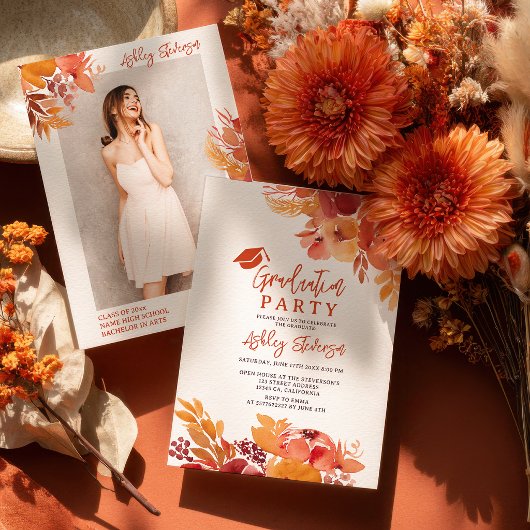 Boho Terracotta Floral Graduation Script Photo Kaart