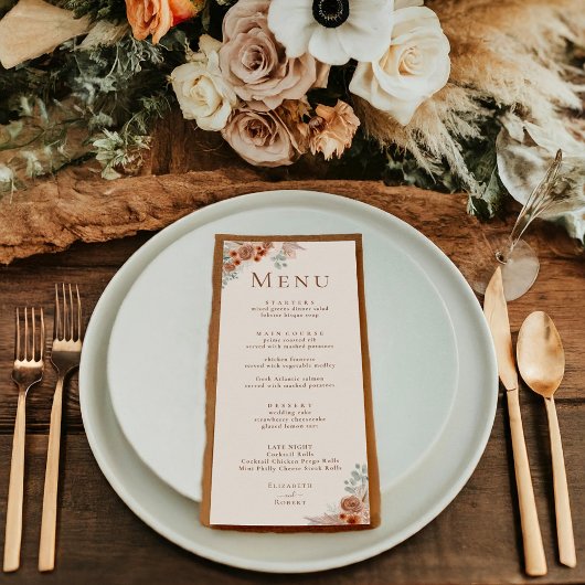 Boho Terracotta Floral Pampas Grass Mariage Menu