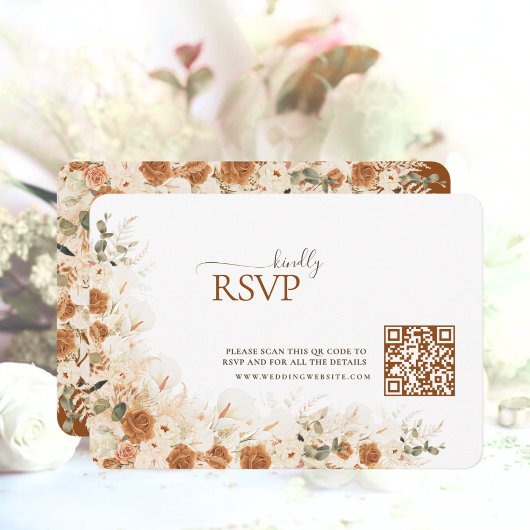 Boho Terracotta Floral QR Code Mariage carte RSVP
