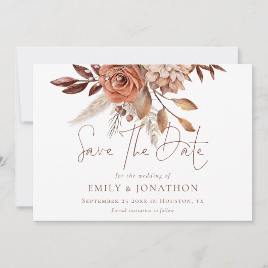 Boho Terracotta Florals QR Code Bruiloft Save The Date (Voorkant)