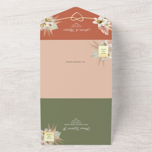 Boho Terracotta Green Wedding All In One Uitnodiging (Buitenkant)