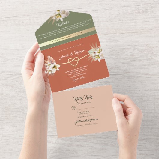 Boho Terracotta Green Wedding All In One Uitnodiging (Afscheurbaar)