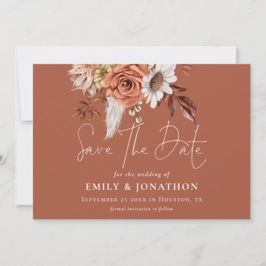 Boho Terracotta Herfst Bloemen QR Code Rust Huweli Save The Date (Voorkant)