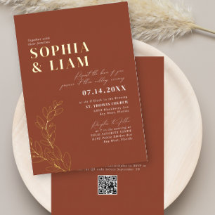 Boho Terracotta Huwelijksuitnodiging Met RSVP QR C Folie Uitnodiging