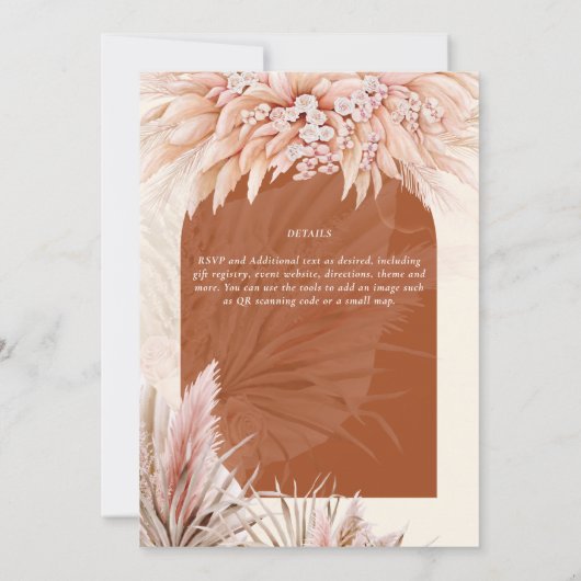 Boho Terracotta Koraal Pampagras Bruiloft Kaart (Achterkant)