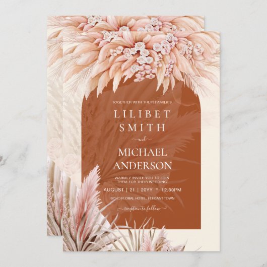 Boho Terracotta Koraal Pampasgras Bruiloft (Voorkant / Achterkant)