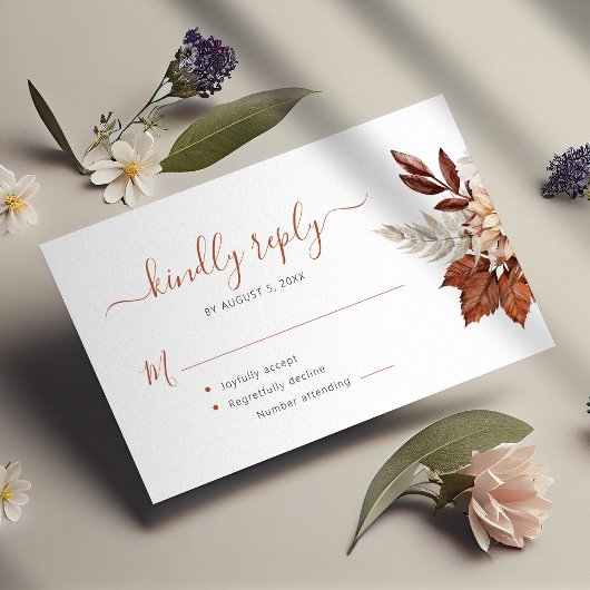 Boho terracotta loof bruiloft RSVP Informatiekaartje