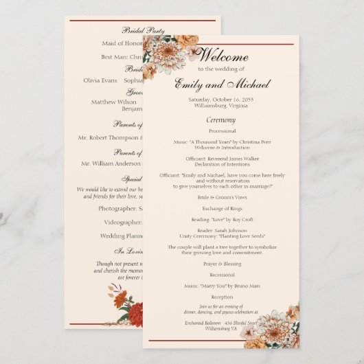 Boho Terracotta Lush Fall Floral Wedding Programme (Devant / Derrière)