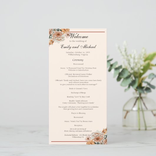 Boho Terracotta Lush Fall Floral Wedding Programme (Debout devant)