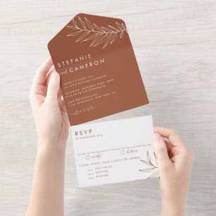 Boho terracotta minimalistisch gebladerte bruiloft all in one uitnodiging
