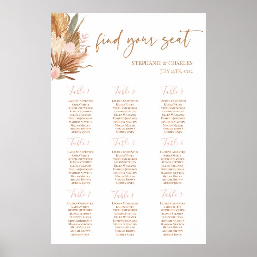 Boho Terracotta palms Wedding Seating Chart Poster (Voorkant)