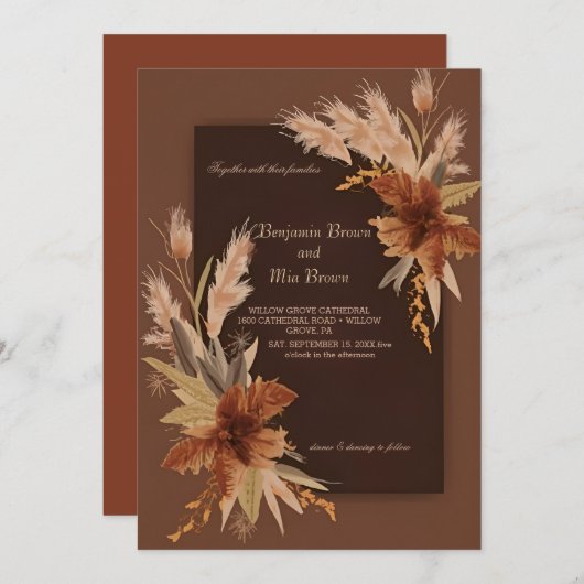 Boho Terracotta Pampas Faire-part de mariage d'her (Devant / Derrière)