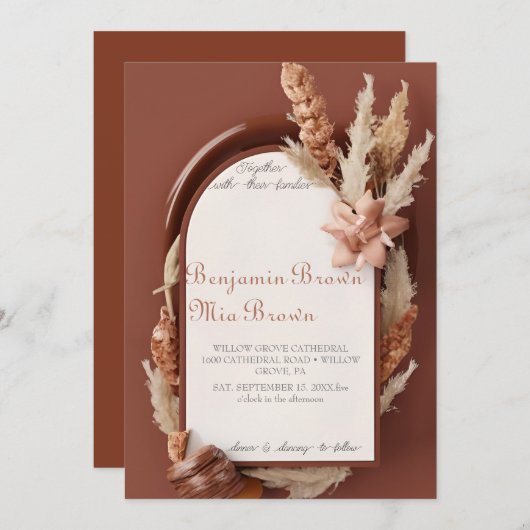 Boho Terracotta Pampas Faire-part de mariage d'her (Devant / Derrière)