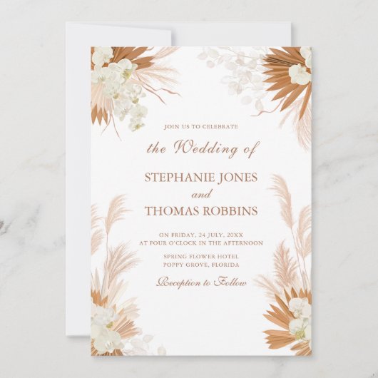 Boho Terracotta Pampas Gras Orchidee Bruiloft Kaart (Voorkant)