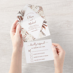 Boho Terracotta Pampas Grass Beige Wedding All In One Uitnodiging