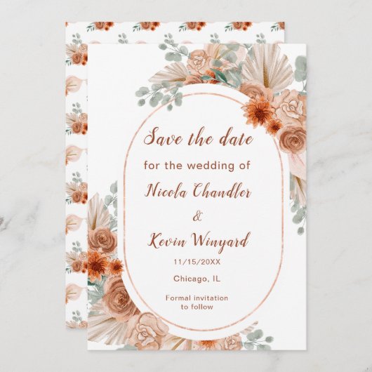 Boho Terracotta Pampas Grass Bewaar de datum Save The Date (Voorkant / Achterkant)