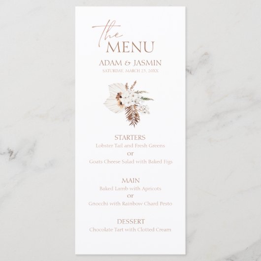 Boho Terracotta Pampas Grass Orchid Mariage Menu (Devant)