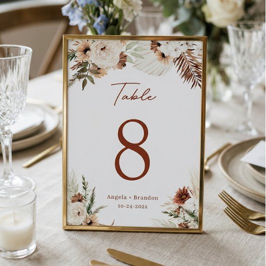 Boho Terracotta Pampas Grass Wedding Table Number Kaart