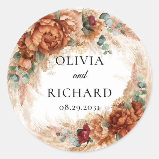Boho terracotta pampas greenery koperfloral ronde sticker (Voorkant)