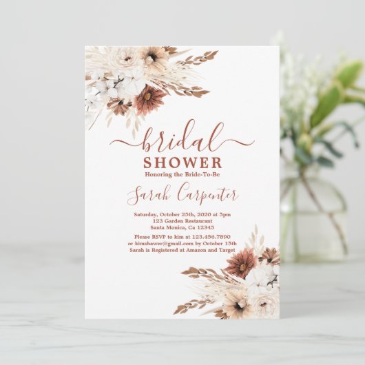 Boho Terracotta pampas Invitation de douche nuptia (Debout devant)