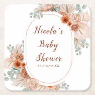 Boho Terracotta Pampasgras Baby Shower Vierkante Kartonnen Onderzetter