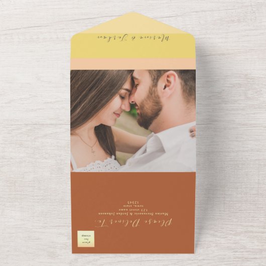 Boho terracotta perzik bruiloft all in one uitnodiging (Buitenkant)