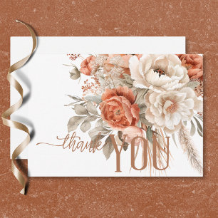 Boho Terracotta Perzik & Crème Bloem Wit Bruiloft Bedankkaart