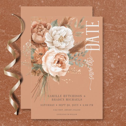 Boho Terracotta Perzik & Crème Bloemen Bruiloft Save The Date