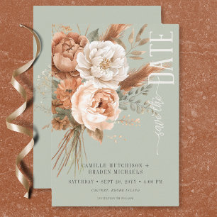 Boho Terracotta Perzik & Crème Bloemen Groene Brui Save The Date