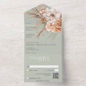 Boho Terracotta Perzik & Crème Bloemen Groene QR C All In One Uitnodiging (Binnen)