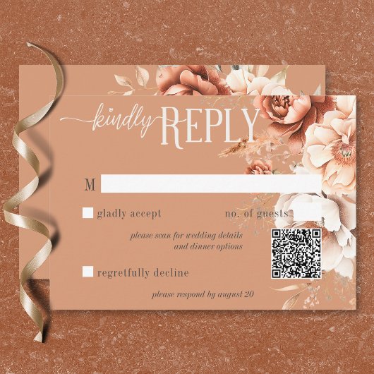 Boho Terracotta Perzik & Crème Bloemen QR Code RSVP Kaartje
