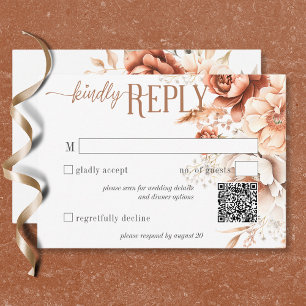 Boho Terracotta Perzik & Crème Bloemen QR Code RSVP Kaartje