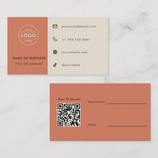 Boho Terracotta QR Code Afspraak Fotograaf Visitekaartje (Voorkant / Achterkant)