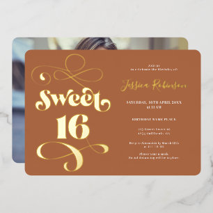 Boho terracotta retro script foto Sweet 16 Folie Uitnodiging