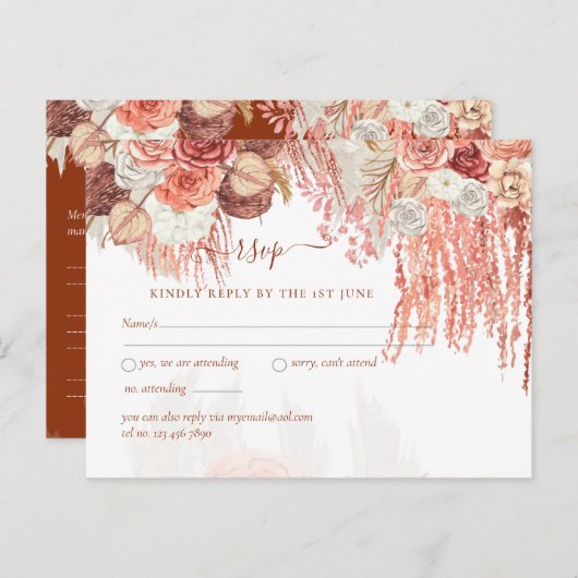 Boho Terracotta Roos Pampas Grass Floral Wedding Briefkaart (Voorkant / Achterkant)