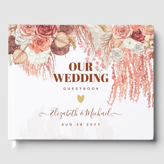 Boho Terracotta Roos Pampas Grass Floral Wedding Gastenboek (Voorkant)