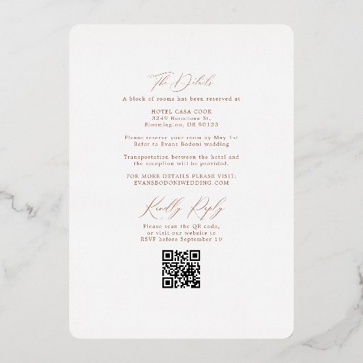 Boho Terracotta Rust Wedding Arch & RSVP QR Code Folie Uitnodiging (Achterkant)