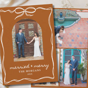 Boho Terracotta Rustic Getrouwd & Vrolijk 4 Foto Feestdagenkaart